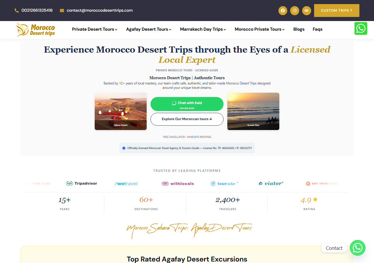 Capture du site MoroccoDesertTrips.com conçu par Jobydoo Agency